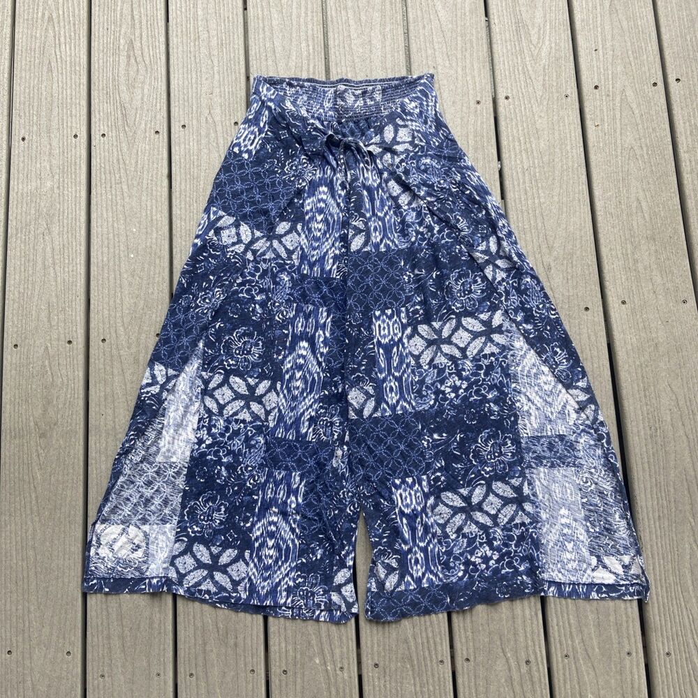Lauren Ralph Lauren Womens L Blue White Patchwork Palazzo Wide Leg Tie Pants